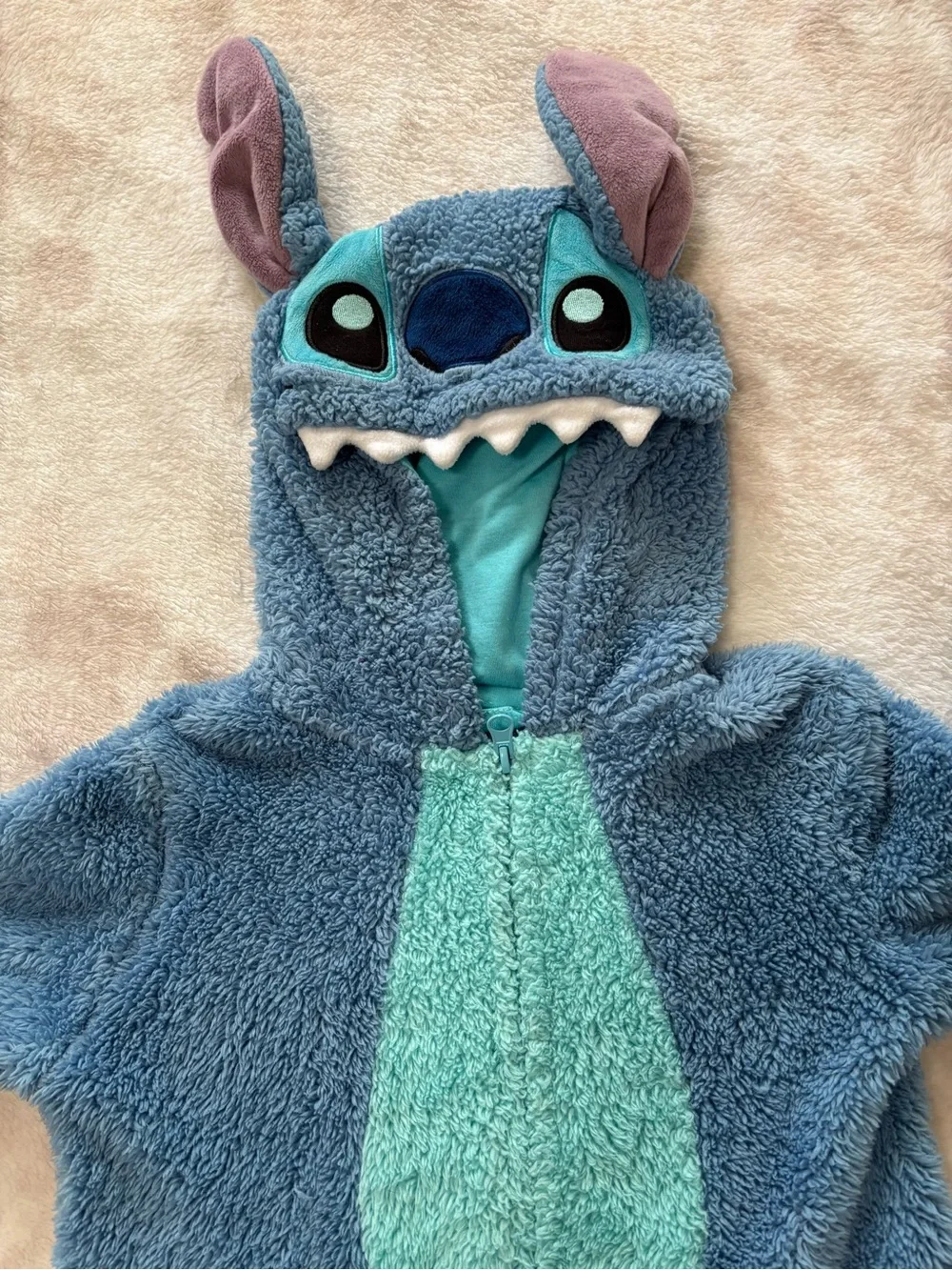 Disney Blue and Mint Stitch Plush Hooded One-Piece Romper